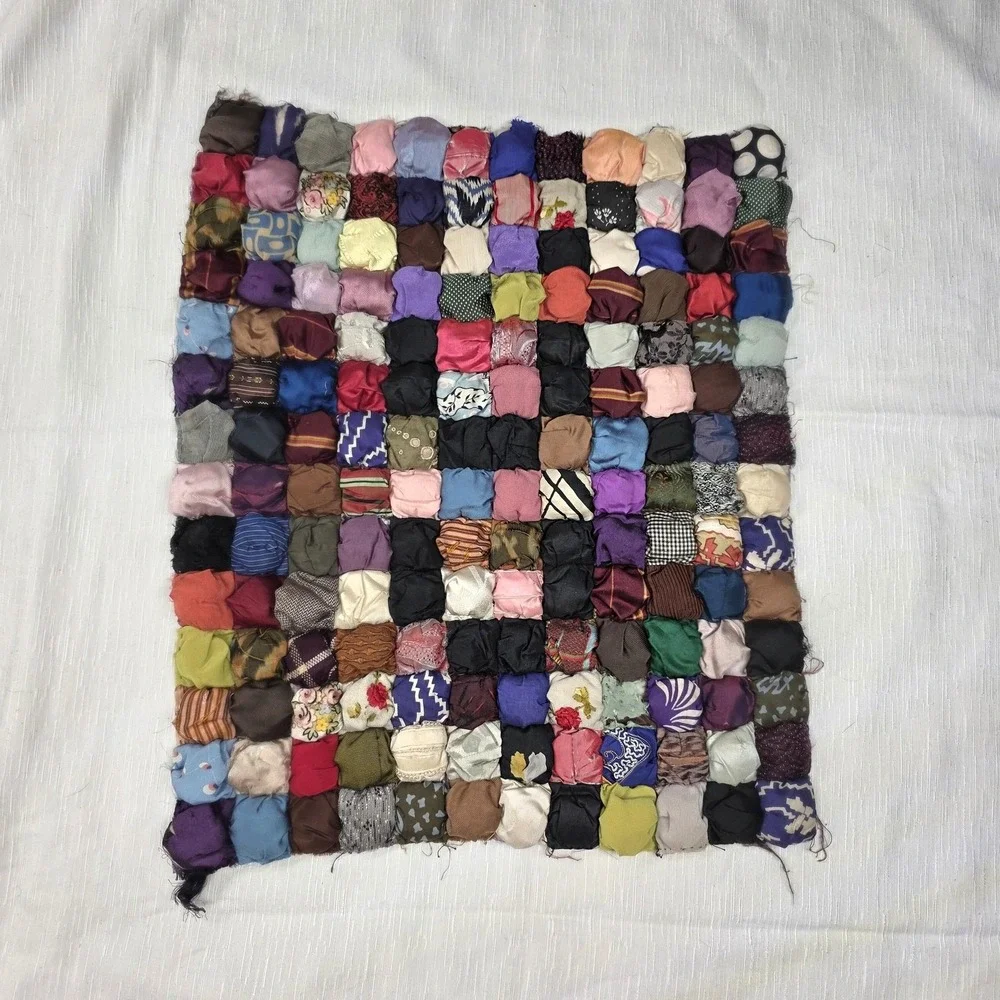 Vtg‎ Handmade Patchwork Puff Biscuit Quilt Top Panel 15x18 OOAK Art Multicolor